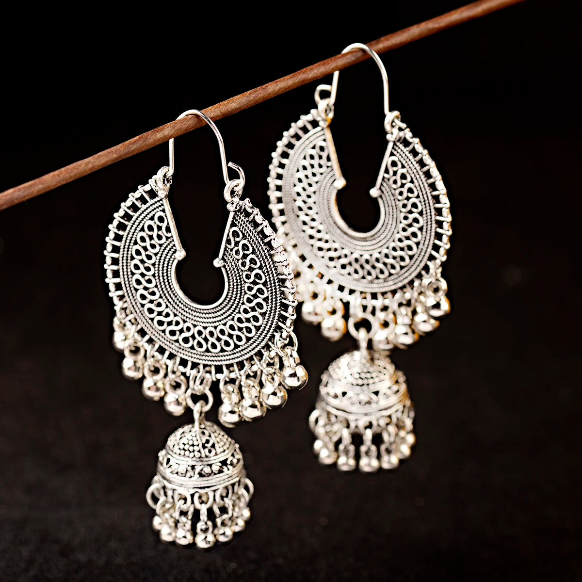 Vintage Women's Gold Silver Color Jhumka Bells Tassel Earrings Ethnic Tribal Gypsy Round Hollow Indian Jewelry