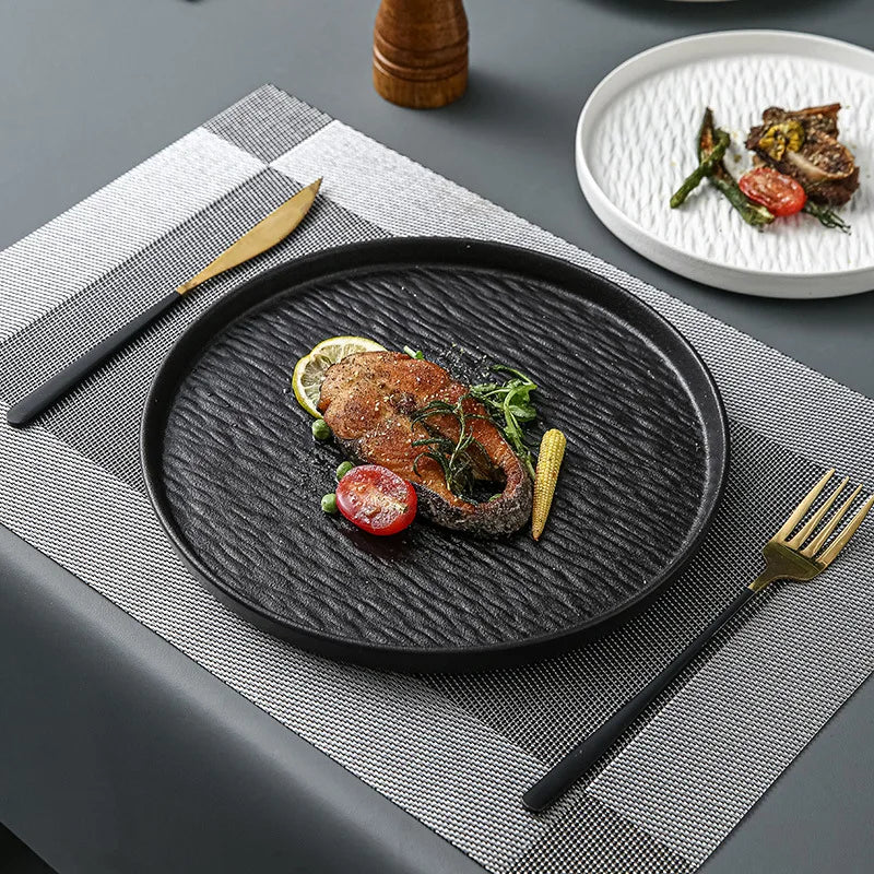 Custom logo 8/10 Inch Round Black White Ceramic Dinner Plate Nordic Style Hotel Restaurant Luxury Dishes Set