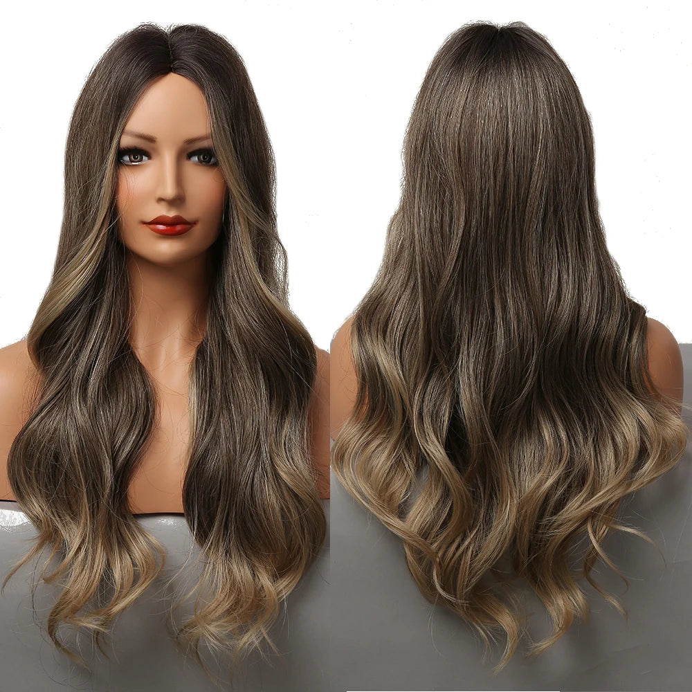 Wigs Factory Price Synthetic Wig Ombre Blonde Brown Long Wigs Middle Part Hair Daily Natural Wavy Heat Resistant Fiber