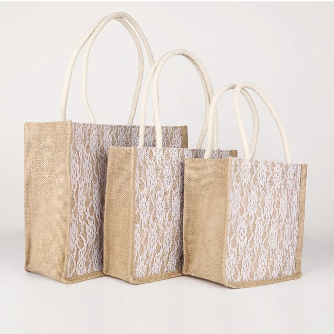 Wholesale Fashion Hemp Lace Bag Logo Printing Promotional Jute Grocey Bag with Lace Burlap Shopping Bag for Gift