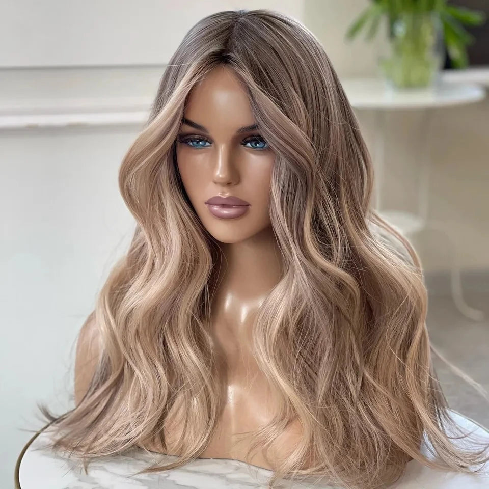 Invisible Knots Scalp Silk Top Closure Lace Wigs Russian European Human Hair Ash Blonde Highlight Brown High Density Thick End