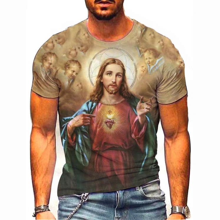 Wholesale Custom Cheap Men's Polyester 3D Sublimation Printed Jesus T-Shirt Breathable Knitted Plus Size T-Shirt