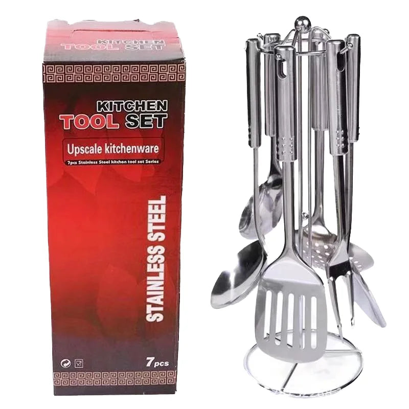 Wholesale Seven-Piece Stainless Steel Kitchenware Set with Silicone Storage Rack Including Spatula and Spoon for Cooking