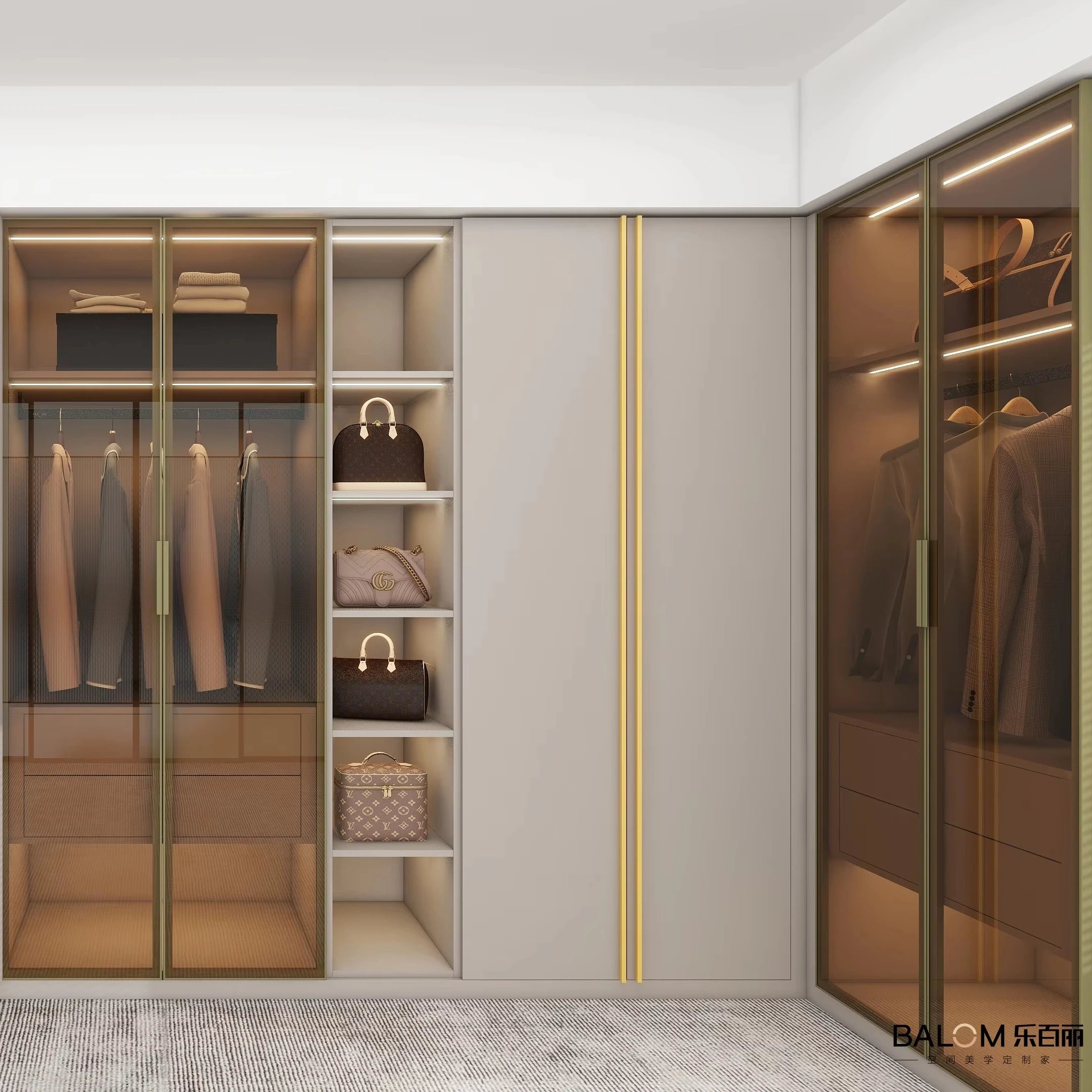 Balom Luxury High-end Aluminum Frame Tea Color Glass Door Design Walk-in Wardrobe Combination Furniture Closets