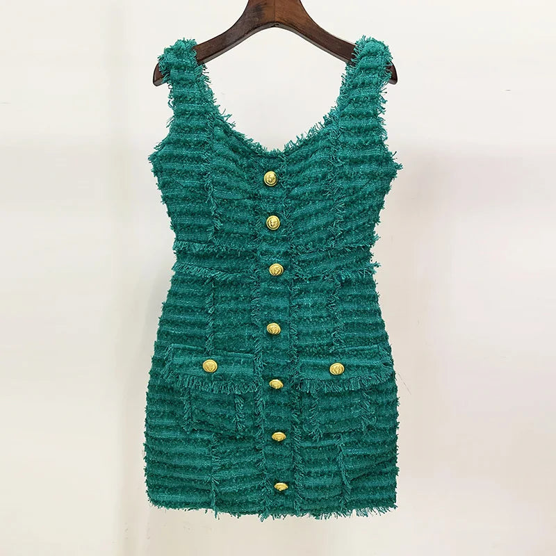 2025 New Arrival: European & American Celebrity-Style Tweed Camisole Slip Dress with Lion Buttons & Fringe Trim