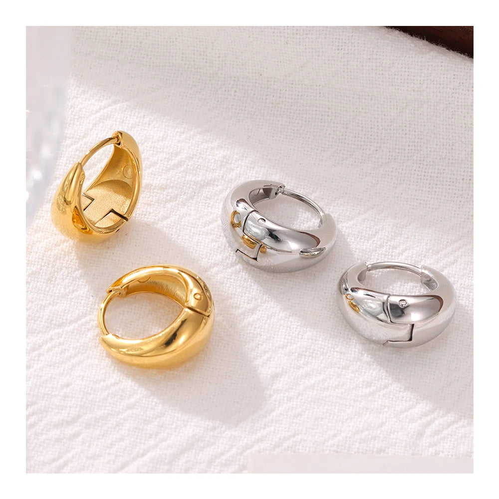 Stainless Steel 18k Gold Plated Waterproof Jewelry Minimalist Water Droplet Ear Buckle Thick Circle Women Earrings YF3842