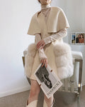 OFTBUY 2024 Fashion Ladies New Real Fox Fur Big Pocket Shawl Cashmere Wool Blends Long Slim Fur Outerwear Woolen Cloak Coat