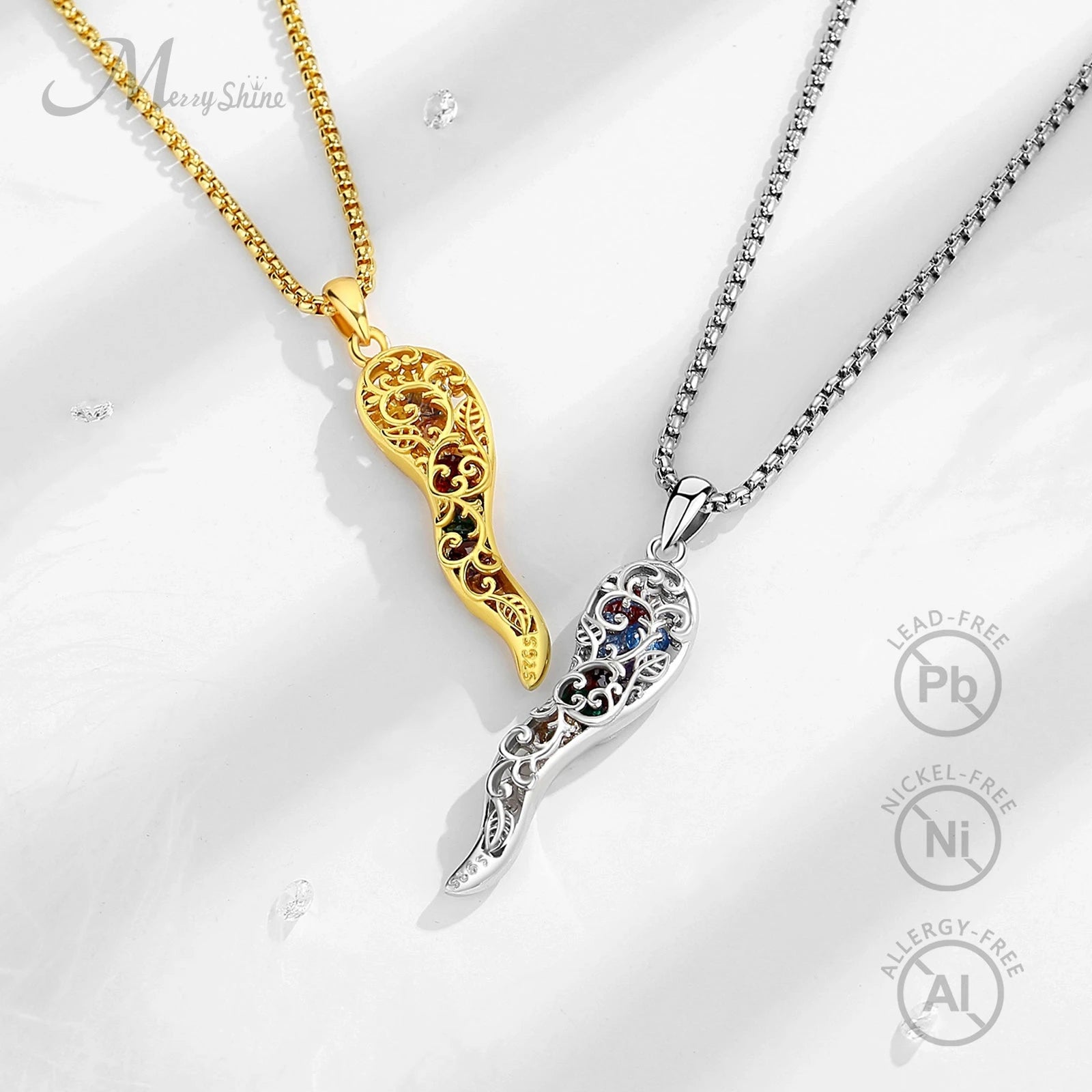 Merryshine 925 Sterling Silver Cornicello Chakra Stone Hollow Pepper African Lucky Italian Horn Pendant Necklace