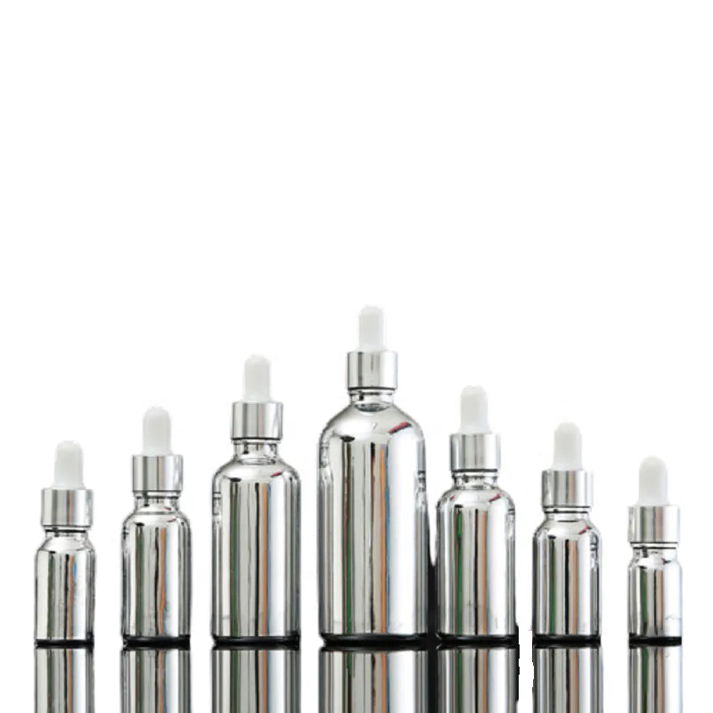 Silver Glass Dropper Bottles 5ml 10ml 15ml 20ml 30ml 50ml 100ML Cosmetics Serum Packaging Refillable Essential Oil Bottle