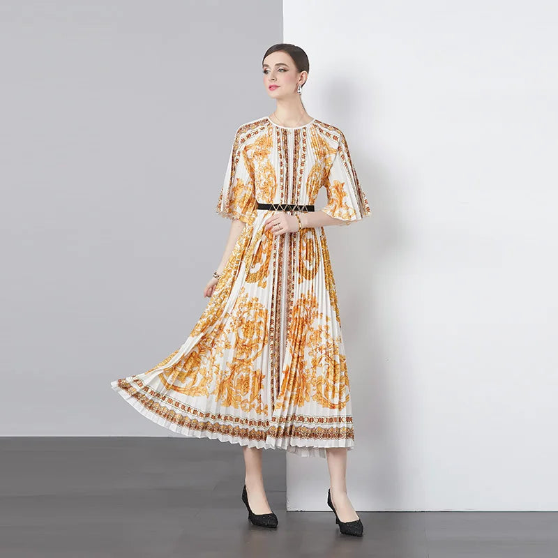 Women's Vintage Crew Neck Ruched Chiffon Knee-Length Pleated Long Sleeve Floral Natural Waist Digital Washable Dress Wholesale
