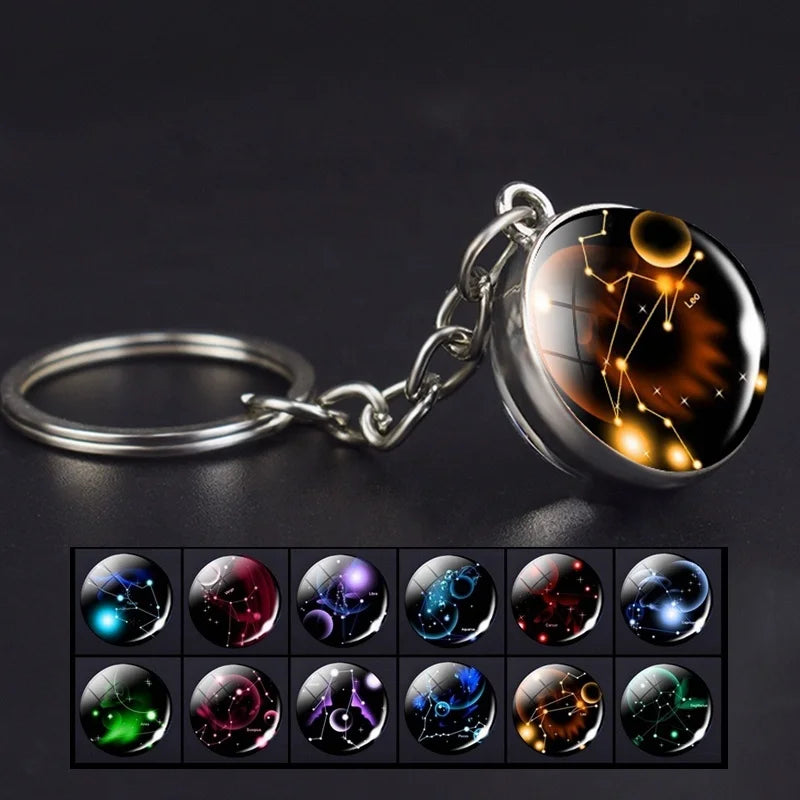 Student Personalized 12 Constellations Glass Ball Keychain Metal Zodiac Sign Jewelry Keychain Perfect Birthday Gift