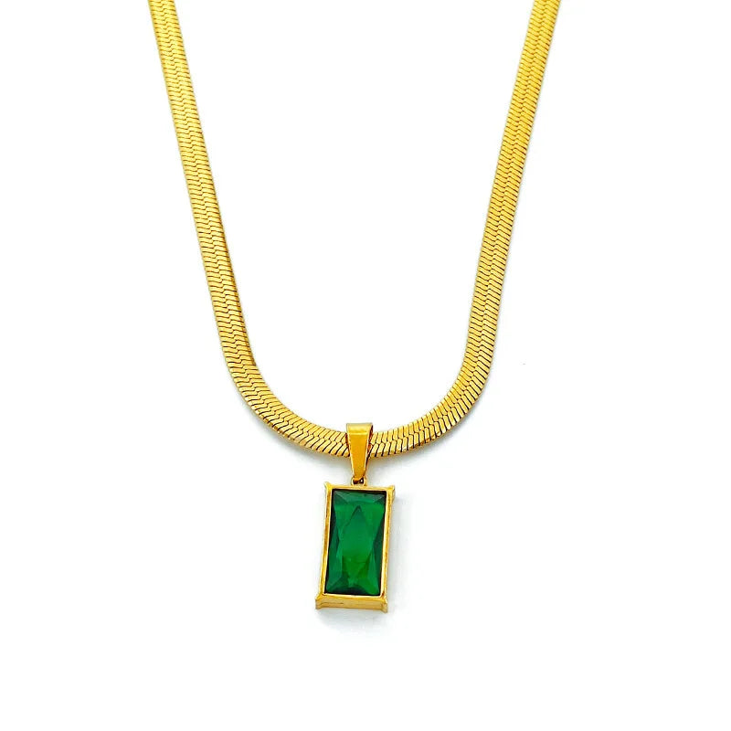 Fashion Women Jewelry Snake Chain Necklace Simple Gold Titanium Stainless Steel Rectangle Green Emerald Crystal Pendant Necklace