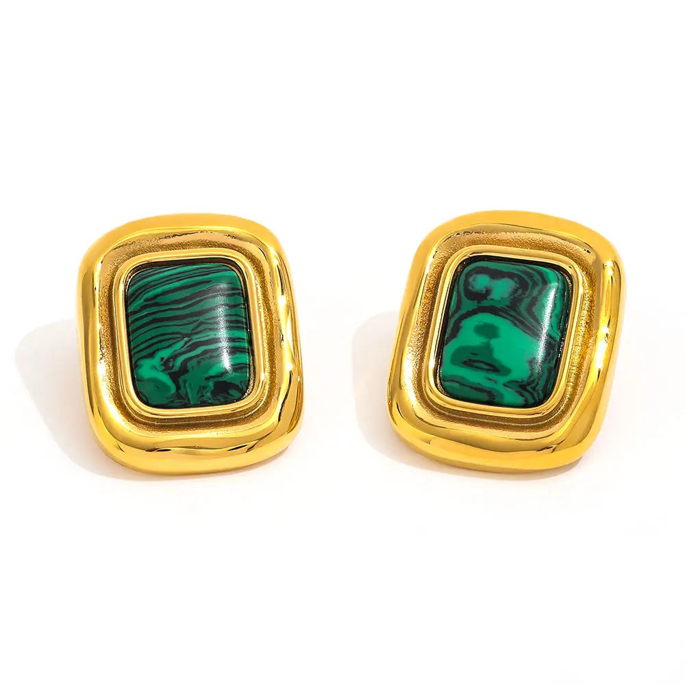 JOOLIM High End Luxury Waterproof 18K  Gold Plated Rectangle Malachite Stainless Steel Stud Earring Jewelry Women
