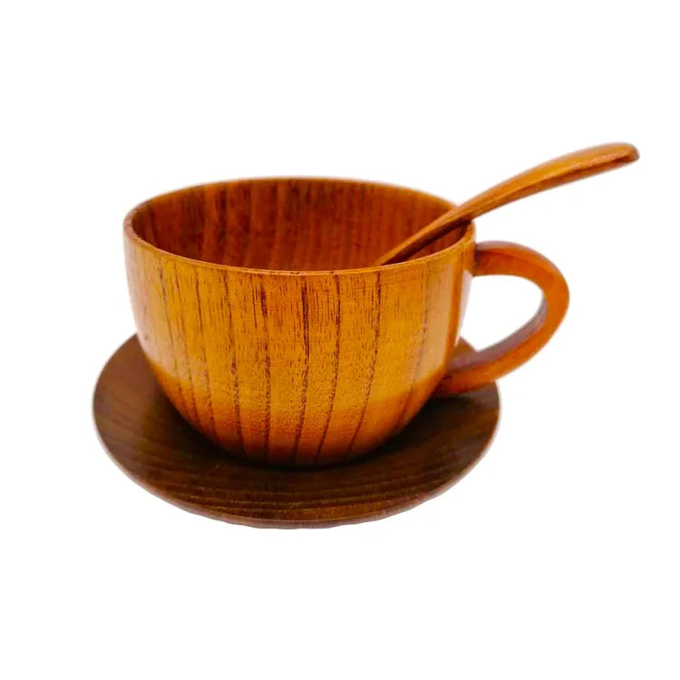 Eco Friendly Jujube Custom Logo Reusable Drinking Water Tea Coffee Wood Cup With Saucer and Spoon Set