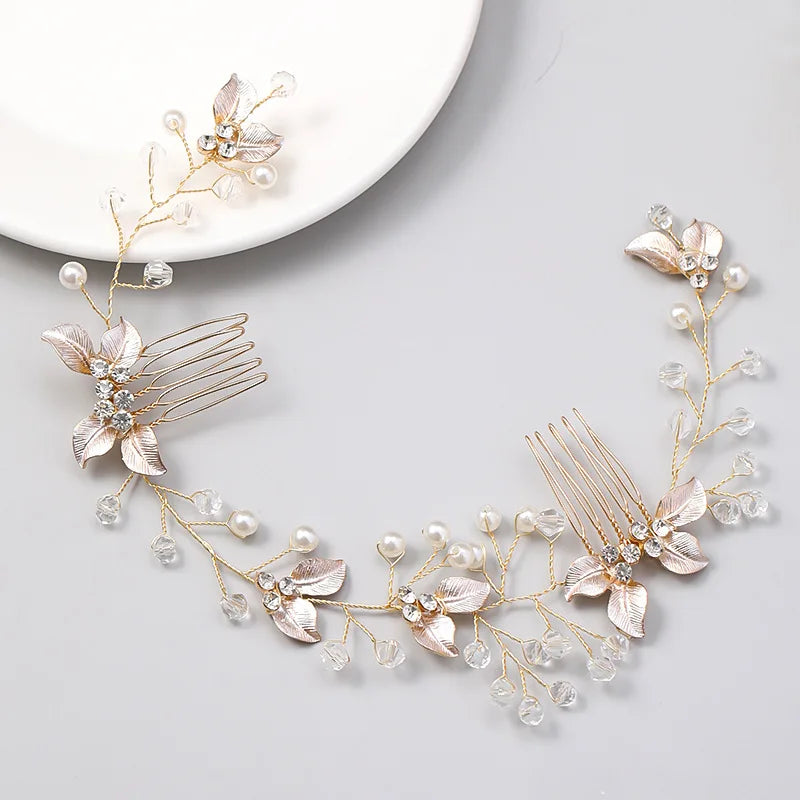 Handmade Wired Long Wedding Double Hair Comb Rhinestones Crystals Alloy Leaf Bridal Headband Hair Accessories Women Jewelry