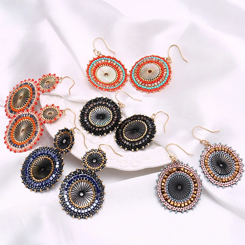 Hand Made Bijoux Femme Fashion Boho Jewelry Hollow Round Seed Beaded Miyuki Drop Earrings Crystal Agate for Women
