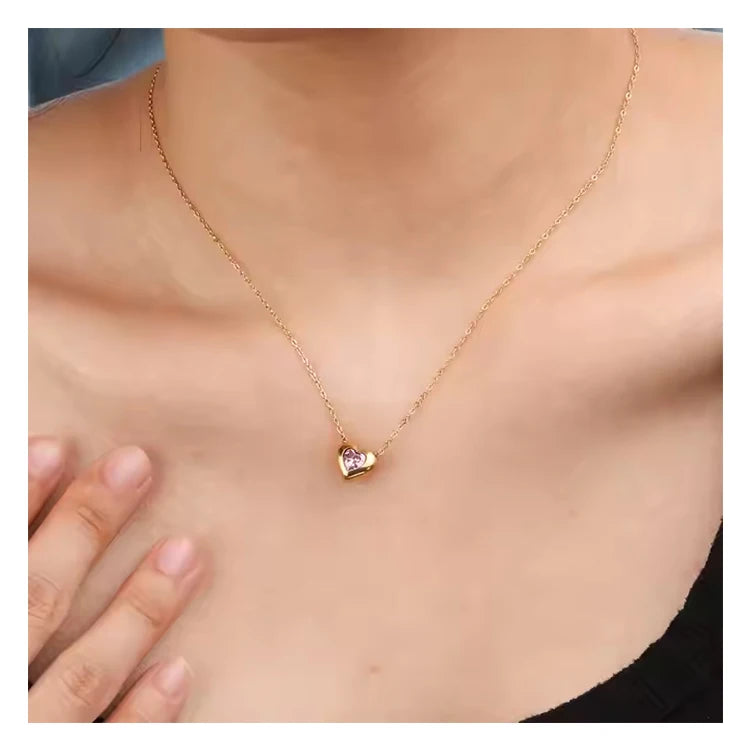 Chris April Minimalist 316L Stainless Steel PVD Gold Plated Heart Shape Pendant pink Zirconia Necklace