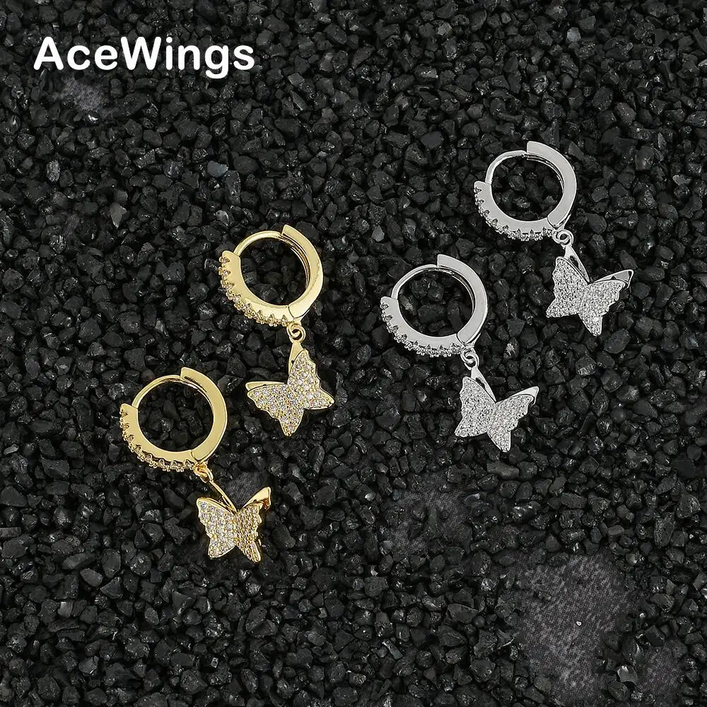 E017 Bling Bling CZ butterfly Earrings Brass Setting Zircon Drop Earrings Hip Hop Bling Blilng Iced Out