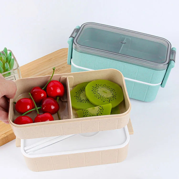 Microwave Lunch Box Wheat Straw Healthy Plastic 2 Layers and School Lunch Box and Water Bottle for Kids Factory Direct