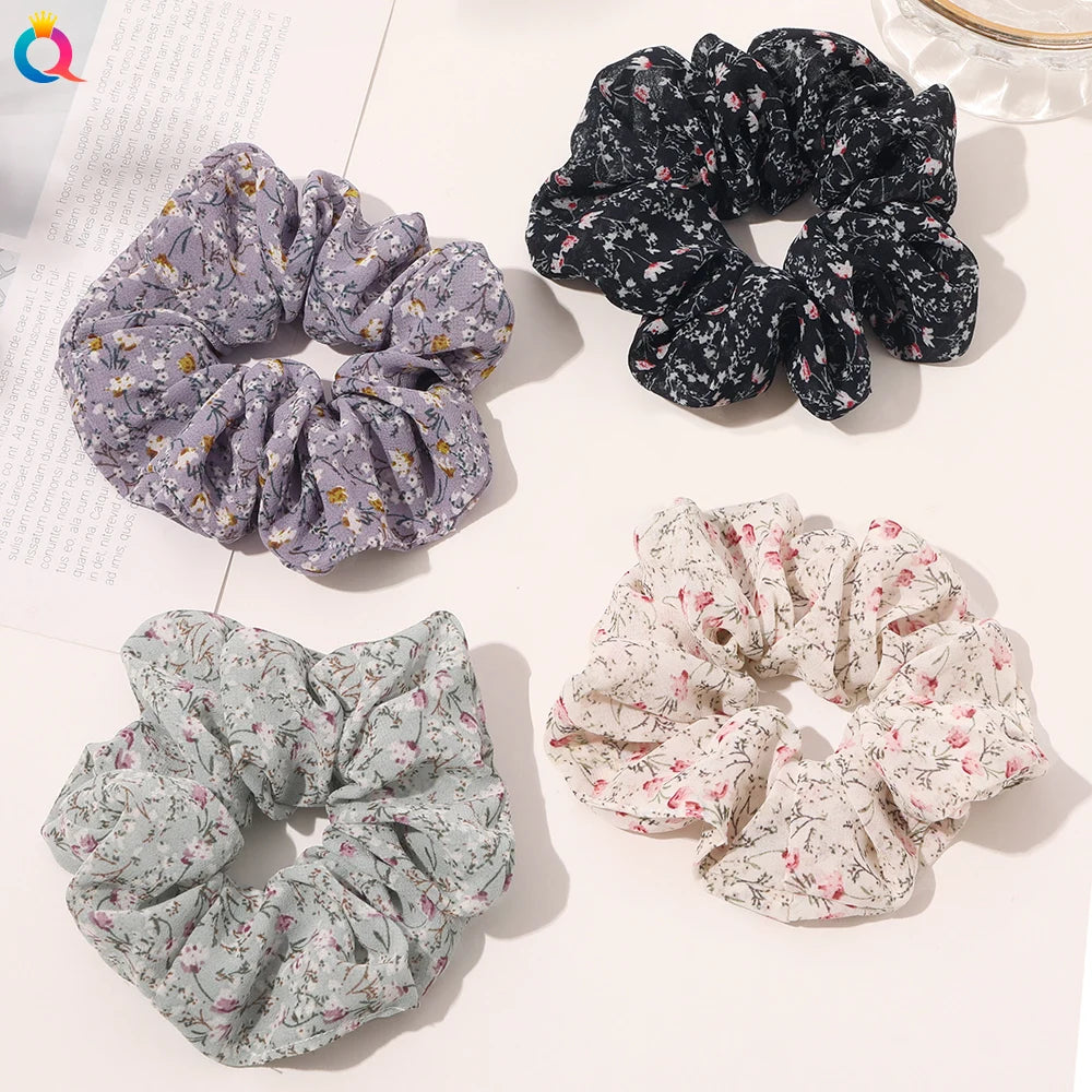 QIYUE Wholesale Girls Fabric Floral Large Hair Scrunchies Women Chiffon Designer Hair Accessories Cloth Material