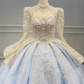 Palace Style Blue Beaded Lace Wedding Gown With Long Sleeve and Cathedral Train Wn030