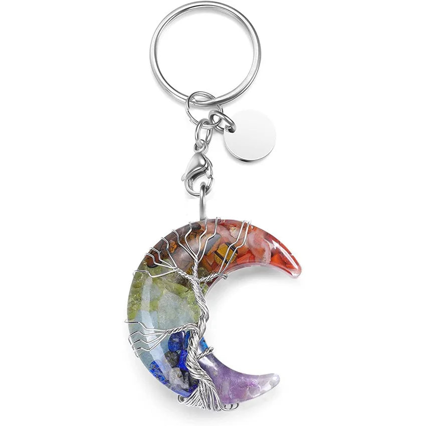 Wholesale Natural Stone Healing Crystal Keychain Pink Amethyst Life Tree Key Chains Crescent Moon Shape Key Rings Stone Keychain