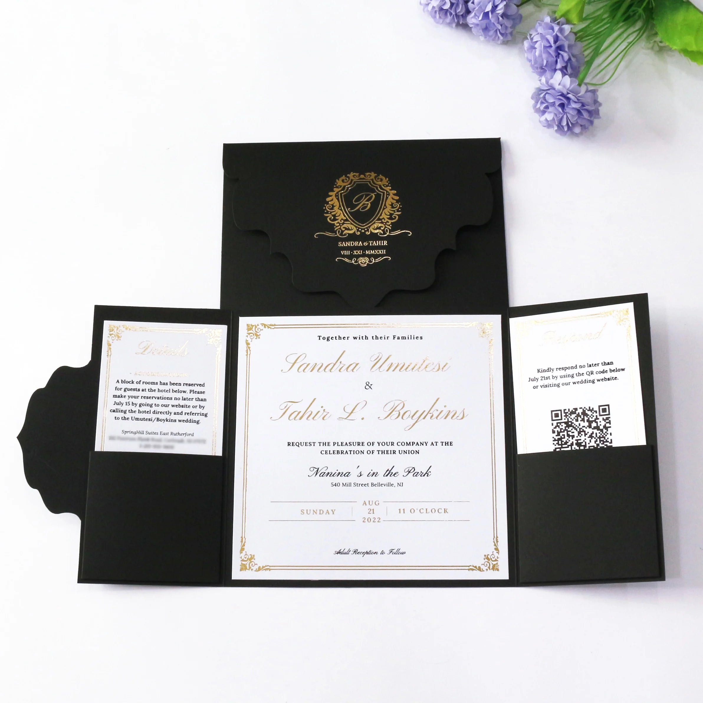 Luxury Black Gatefold Wedding Invitation Custom Booklet Style With Gold Foil Printing