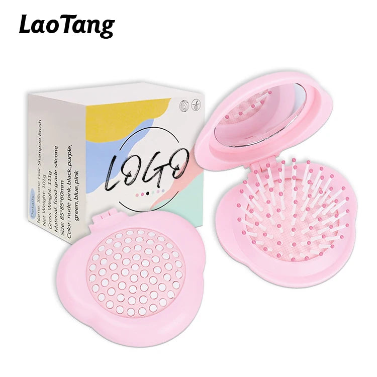 Custom Logo Mini Pocket Round Folding Pop-up Cushioned Styling Hair Brush with Mirror Compact Paddle Design for Travelling Use