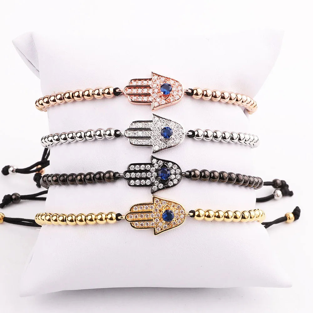 Fashion Design CZ Pave Hand Charm Stainless Steel Beads Braided Macrame Friendship Bracelet Women