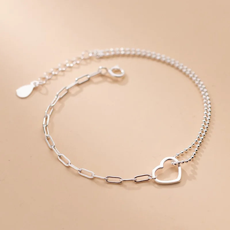 Genuine 925 Sterling Silver Double Layer Chain Heart Sweet Charm Bracelet for Women Fine Jewelry