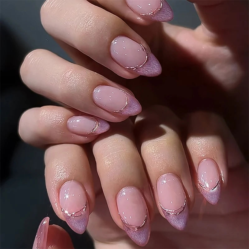 Dropshipping 24 Pcs 3694 Elegant Pink Rose Gold Nail Tips Glitter Accents Short Almond Press on Nails Artificial Fingernails