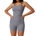 Women's Sleeveless One Piece Sports Bodysuit Square Neck Romper Workout Jumpsuit with Pocket Biker Tracksuit Design