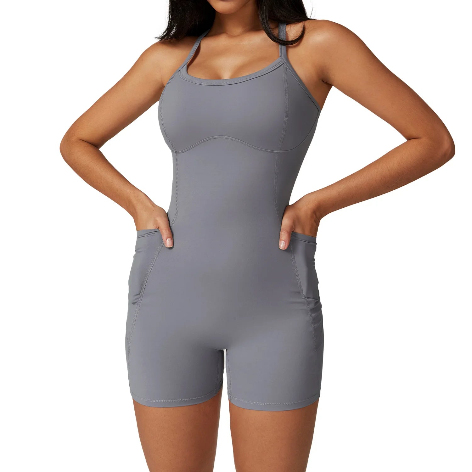Women's Sleeveless One Piece Sports Bodysuit Square Neck Romper Workout Jumpsuit with Pocket Biker Tracksuit Design
