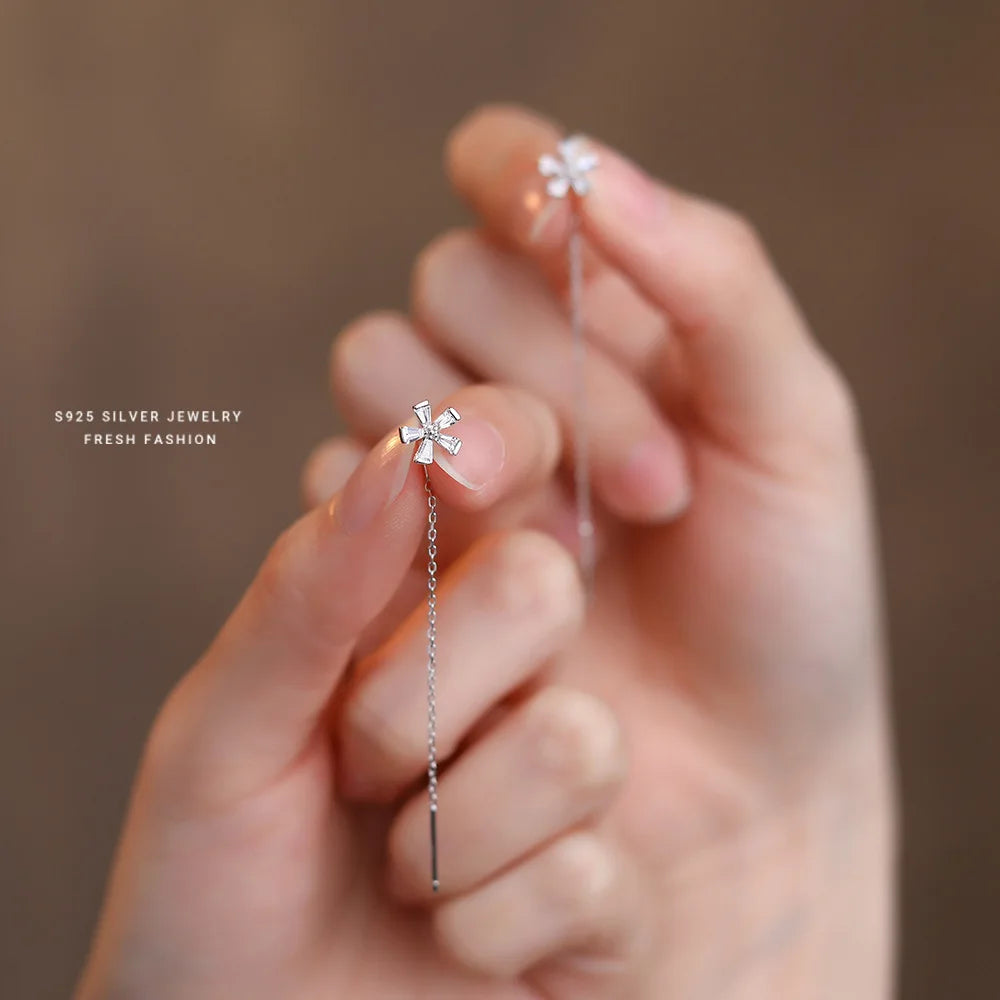 Chic Fashion INS Pure 925 Sterling Silver Small Cute Zircon Flower Shape Long Ear Line Stud Earrings for Women Girls