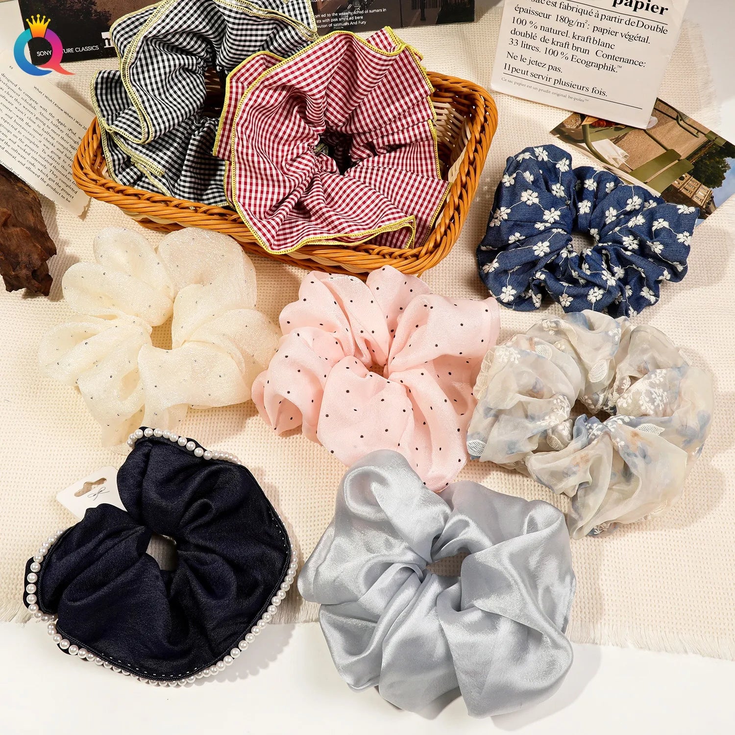 QIYUE Women's Retro Starry Sky Permed Diamond Scrunchies Oversized Fabric Large Intestine Hair Accessories
