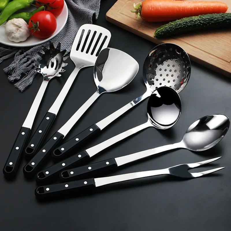 Wholesale 7-Piece Stainless Steel Kitchen Utensil Set Classic Cooking Tools with Black Riveted Handle for Restaurant