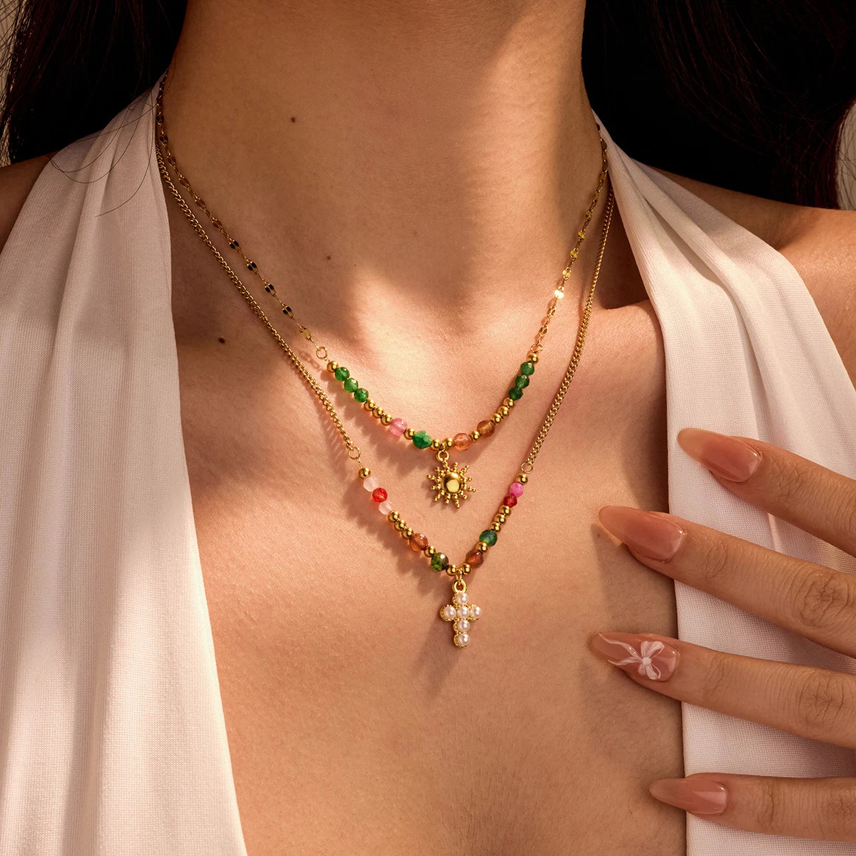 NIMAI New Arrivals Manual Natural Stone Beads Splicing Necklace Women's Sun Cross Pendant Statement Necklace  2 Pcs Combination