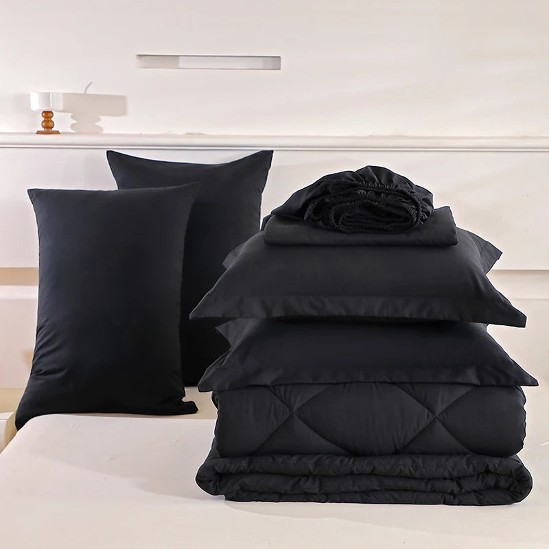 Twin Full Queen King Comforter Mattress Topper Bed Sheet and Pillowcases Black Set in a Carton