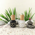 Mini 10ml White Black Glass Essential Oils Bottle Unique Printing Design with Cylinder Shape Bamboo Wood Cap and Steel Roller
