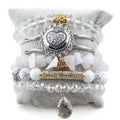 New Women 5pc Stretch Natural Stone Shiny Alloy Heart Button Bangle Crystal Drop Pendant Stack Bracelets Sets