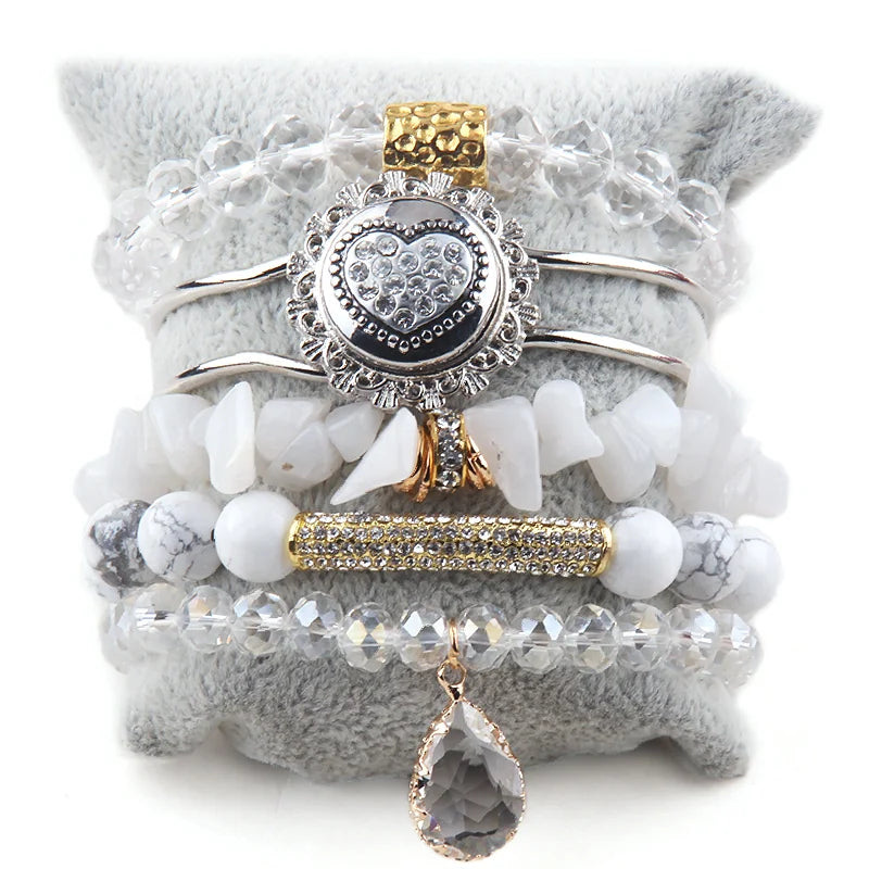 New Women 5pc Stretch Natural Stone Shiny Alloy Heart Button Bangle Crystal Drop Pendant Stack Bracelets Sets