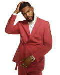 New Watermelon Red Solid Men Suits Jacket Slim Outfit/Blazer Waist Belt Design Casual Fashion Daily Men's Clothes/Coat Pants Set