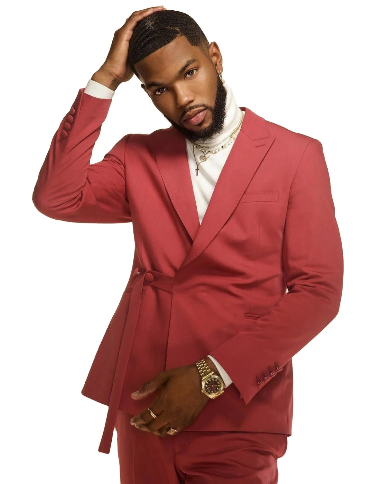 New Watermelon Red Solid Men Suits Jacket Slim Outfit/Blazer Waist Belt Design Casual Fashion Daily Men's Clothes/Coat Pants Set