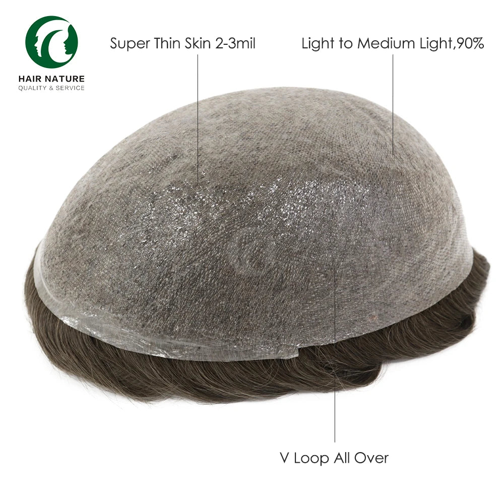 Super Thin Skin Toupee PU Base Indian Hair Men Toupee with Natural Hairline Men's Capillary Prothesis v Loop All Over System MegaBDM