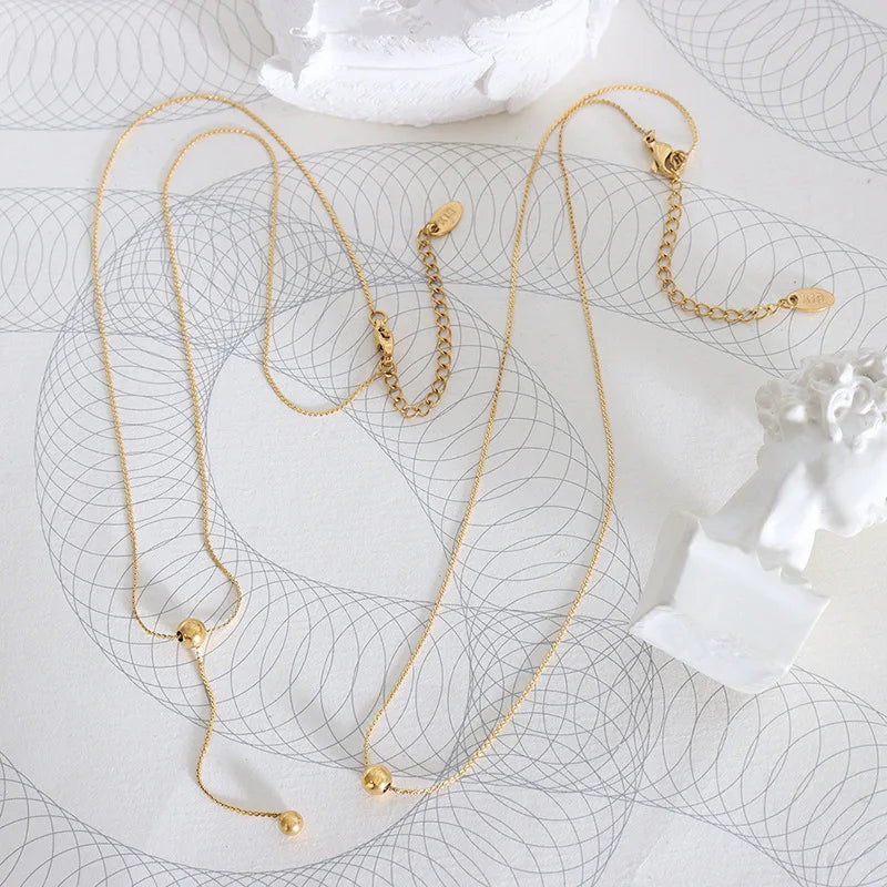 Minimalist Design Double Layer Round Bead Stainless Steel Necklace Cold Ins Wind Sensation for Europe United States Chains Type