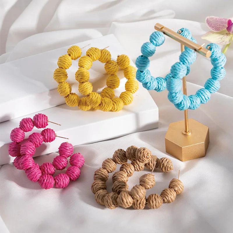 Handmade Woven Hoop Shaped Rattan Big Hoop Earrings Bohemia Raffia Thread Earrings Wholesale