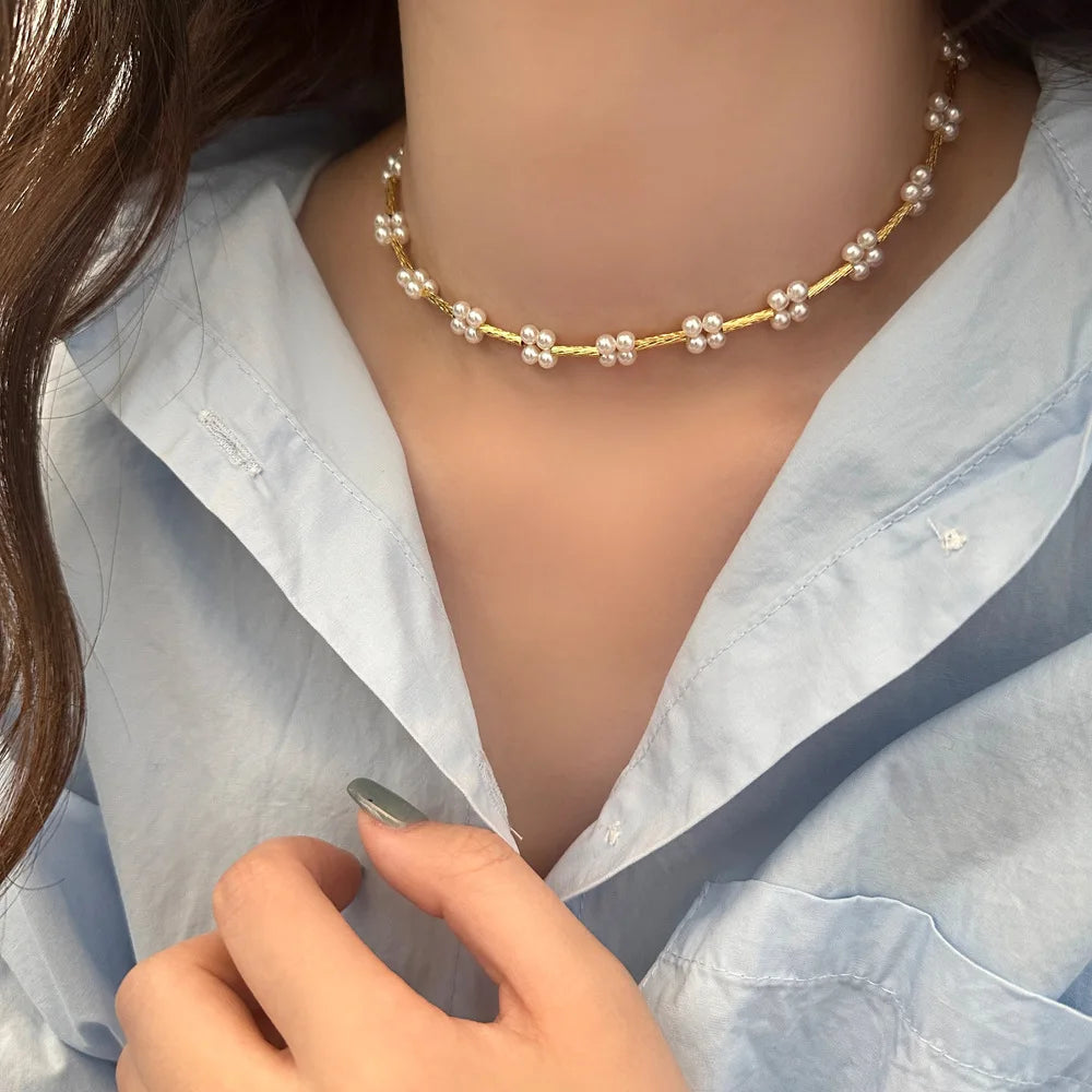 SC Wholesale Korean Chokers Necklace Fashion Flower Beads Necklace Trendy Shiny Pearl Necklace for Girls