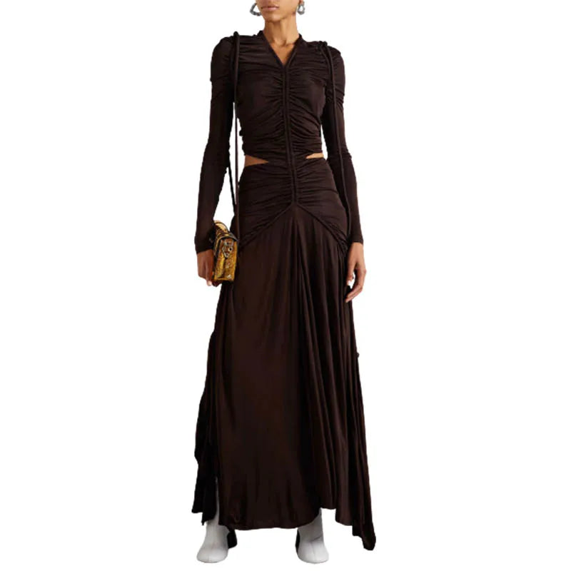 Custom Fall Dresses for Women Long Sleeves V Neck Long Skirt Cutout Ruched Maxi Dress