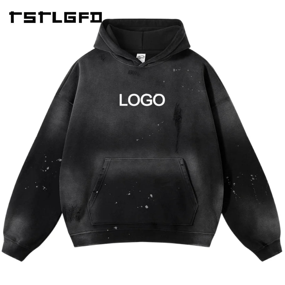 Quality Spray Dye Custom 300G Cotton Thick Fleece Unisex Men's Washed Distressed Ripped Oversized Loose Pullover Hoodies