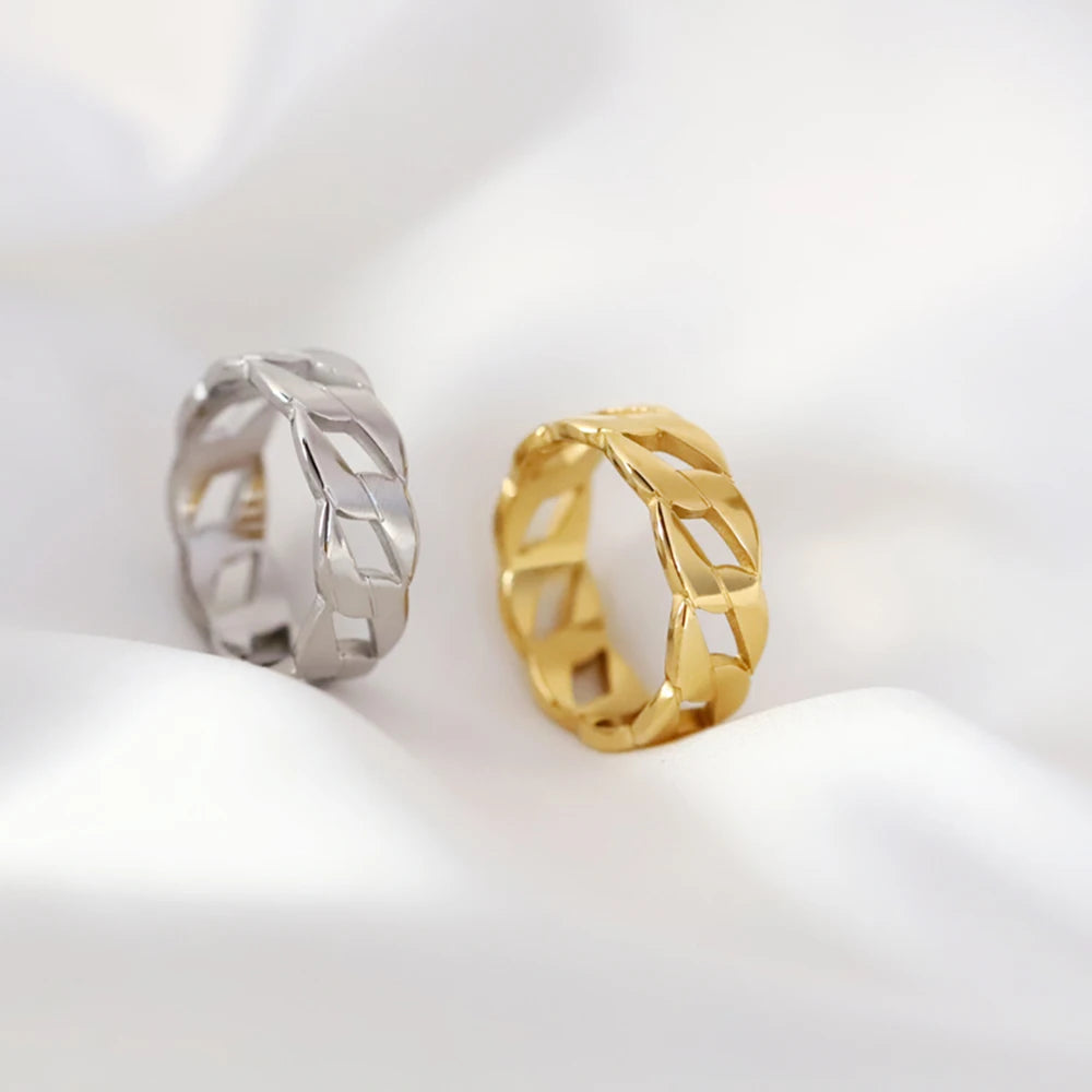 EManco New Arrivals Durable Jewelry 14K Gold Vacuum Plated Cuban Chain Link Woven Stainless Steel Ring  for Women